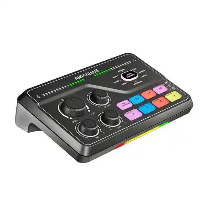 Fifine AmpliGame SC8 USB audio mixer with XLR/headset/optical in, voice/EQ/7.1 effect & sidetone/sample buttons, press mute vol. & chat mix dial